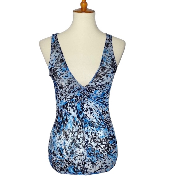 S VTG Express Y2K Mesh Splatter Print V Neck Low Cut Tank Top Sleeveless Blouse - Picture 2 of 10